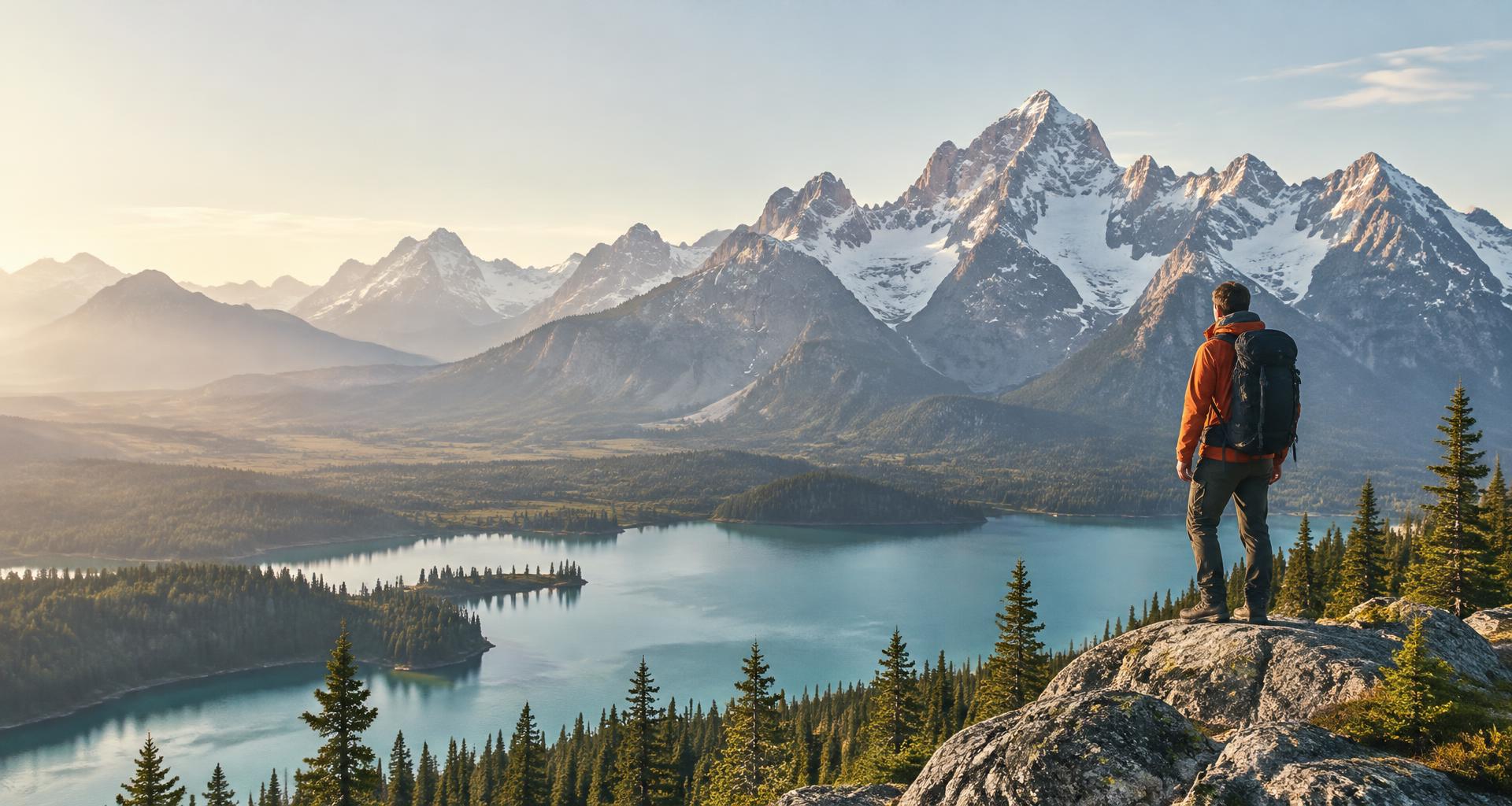 A backpacker overlooking a mountain lake in the alpine wilderness
